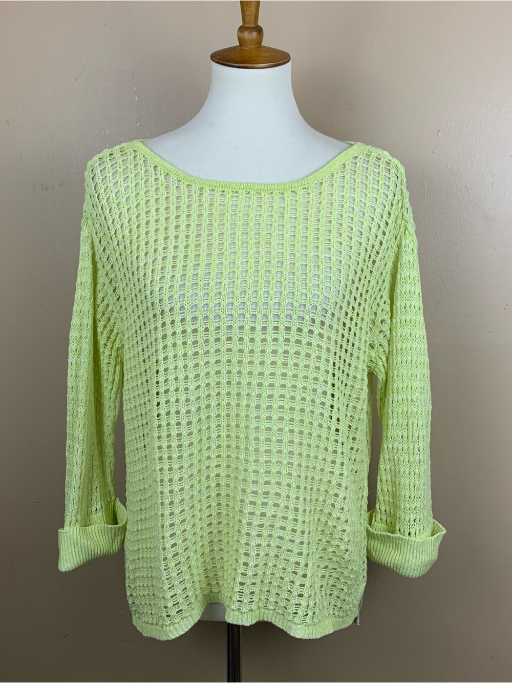J Jill Open Knit Top Womens M Lime Green Linen Cotton 3/4 Sleeve Beach Sweater